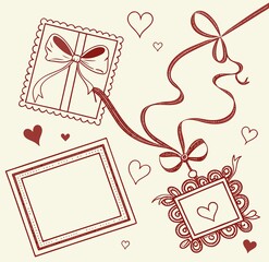 Charming hand drawn red ribbon heart embellishments and frames for festive occasions