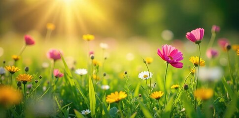 Vibrant wildflowers in full bloom across a lush green meadow bathed in the warm sunlight of springtime Perfect for spring themes, nature, and seasonal imagery , flowers, grass, renewal