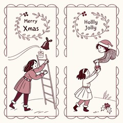 Charming vintage christmas cards featuring children decorating and playing