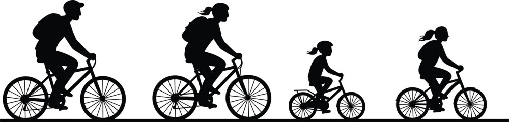 Group cycling silhouette vector set, family riding bicycles, adult and child figures, backpacks, outdoor activity design, black motion icons