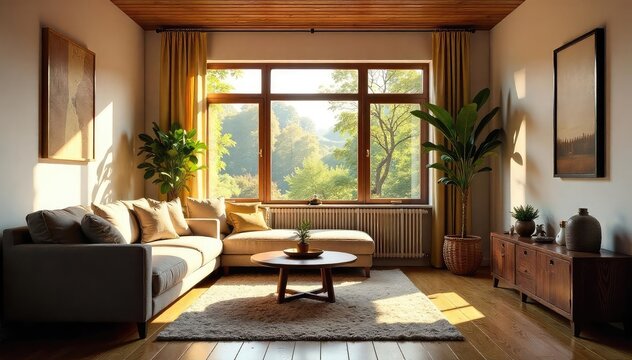 Warm, inviting boarder home living room with comfortable furniture and natural light streaming through the window Cozy atmosphere perfect for relaxation and homeliness , room, serene