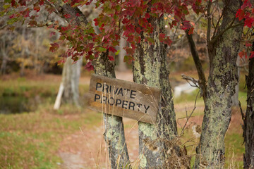 Private property signs, lichen trees, red fall leaves, rural boundary
