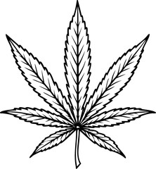 Black and white detailed line drawing of a cannabis marijuana leaf for graphics and design