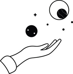 hand releasing small planets minimal art illustration on transparent background