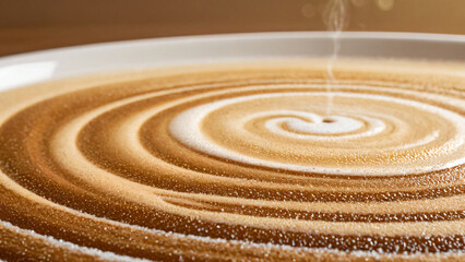 Cappuccino closeup detail of rich coffee cream and textured sugar sprinkled on a symmetrical pattern