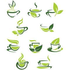 Set of A Cup of Hot Green Tea Aromatic Herbal Healthy Drink with Leaves in Cafe