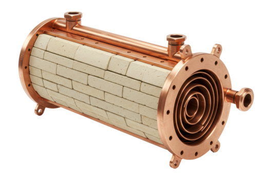 Isolated engineering piece construction with copper and bricks, industrial technology equipment