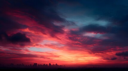 Dramatic sunset sky with vibrant colors over a silhouetted city skyline