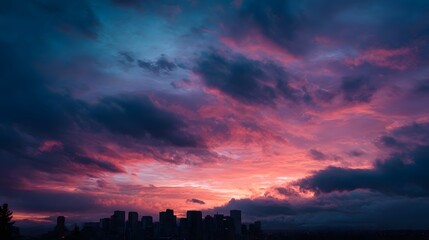 A dramatic and colorful sunset paints the sky over a silhouetted city skyline at dusk