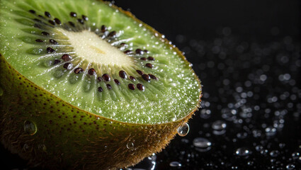 Fresh Kiwi Fruit with Water Droplets on Black Background