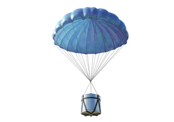 Isolated silver container falling from the sky with a blue parachute on a transparent base