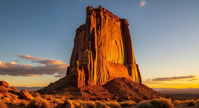 Iconic Desert Butte Bathed in Golden Hour Sunset Light
A spectacular, low-angle photograph capturing a massive sandstone butte or mesa in a desert landscape, strongly reminiscent of Monument Valley