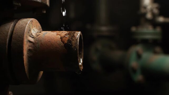 Water Dripping from a Rusty Industrial Pipe in Dark Environment