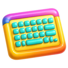 Naklejka premium Vibrant 3D Stylized Keyboard Icon with Glossy Turquoise Buttons and a Playful Yellow, Pink, Blue, Orange Gradient Frame, Perfect for Modern UI/UX Designs, App Interfaces, Digital Art, and Creative Tec