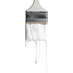 White paint dripping from a clean paintbrush on a white background