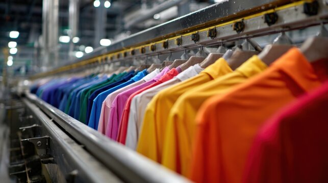 Medium shot capturing conveyor belts moving assorted garments through a color recognition system for efficient separation and cleaning preparation.