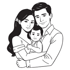 Happy young asian family portrait drawing with parents embracing their smiling baby son in a loving embrace