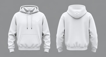 Front and back view of a white hooded sweatshirt with a front pocket and drawstring