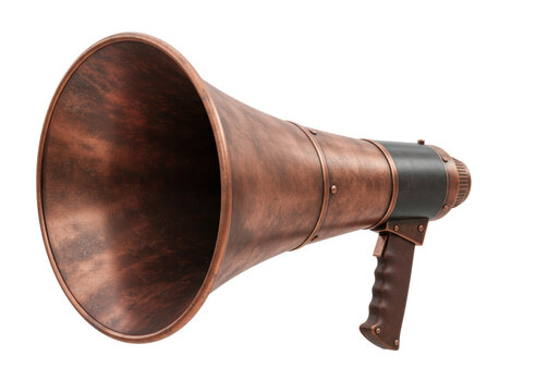 Isolated Vintage Steampunk Bullhorn, Antique Megaphone, Retro Loudhailer, Ornate Amplifier