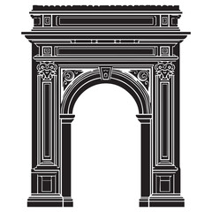 Intricate black and white engraving of a grand classical archway with ornate decorative details and pediment