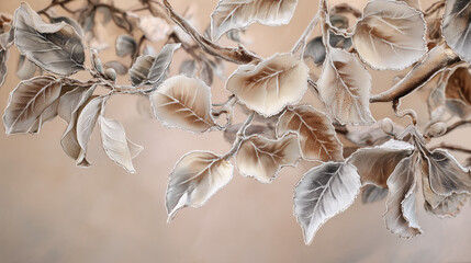 Frost-covered autumn leaves on tree branch in soft natural light, close-up winter nature background with beige and brown tones