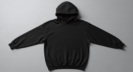 Black hoodie laid flat, top view, isolated on grey background