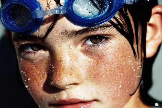 Young boy wearing goggles having fun swimming