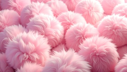 A close-up, soft focus image showcasing a mass of pastel pink, fluffy spheres. The texture appears plush and delicate