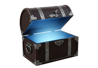 Isolated treasure chest open showing a glow, an antique box full of mystery and secrets