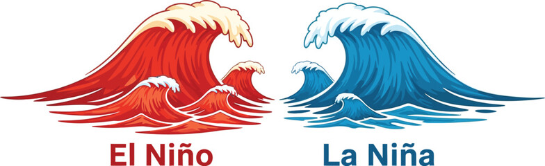 El Niño and La Niña illustration depicting two distinct global climate phenomena, contrasting warm and cool ocean temperature patterns and their widespread environmental impacts on weather systems