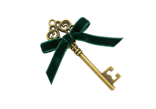 Isolated antique key decorated with a green velvet ribbon on a seamless backdrop ready for design