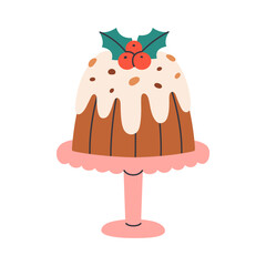 Cute delicious Christmas cake with festive decoration. Christmas fruit chocolate pudding. Winter holiday fruitcake. Flat vector illustration isolated on white background