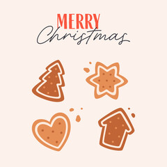 Cute simple Christmas greeting card with gingerbread cookies. Christmas cookies, pastry. Perfect for cards, invitations, posters, home decor, and seasonal design. Flat vector illustration