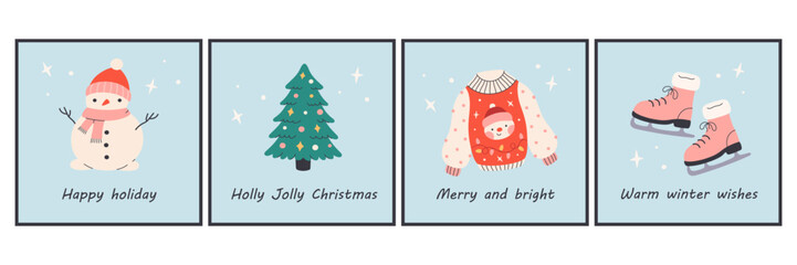 Cute simple Christmas greeting cards with snowman, Christmas tree, sweater, skates. Trendy hand drawn doodle cozy winter posters. Perfect for cards, invitations, posters, home decor, seasonal design