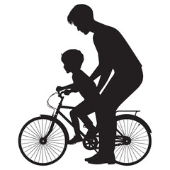 Silhouette of a father helping his young son learn to ride a bicycle outdoors on a sunny day