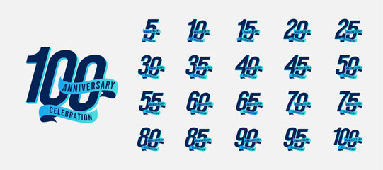 Set of anniversary celebration emblem. elegant anniversary logo isolated with blue ribbon on white background. vector illustration template design for web banner