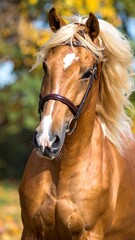 Obraz premium A close-up portrait of a majestic palomino horse with a flowing blonde mane, bridle, and soft, golden coat. Autumn foliage provides a colorful backdrop