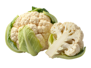 Organic cauliflower head with a broken floret piece, Fresh cauliflower vegetable showing inner white texture