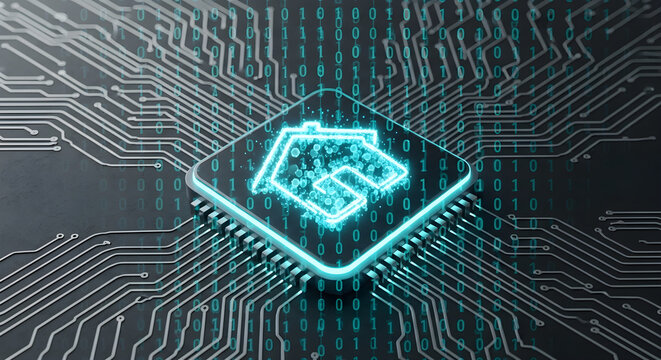 Smart home and IoT technology concept with a glowing house icon on a computer processor.