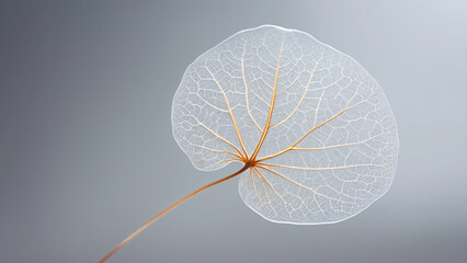 Macro photo of a translucent skeleton leaf with intricate orange veins on a muted background