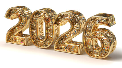 Gold, reflective 2026 numerals sparkle on white, ideal for festive branding, promotional posters, and digital design celebrating the new year.