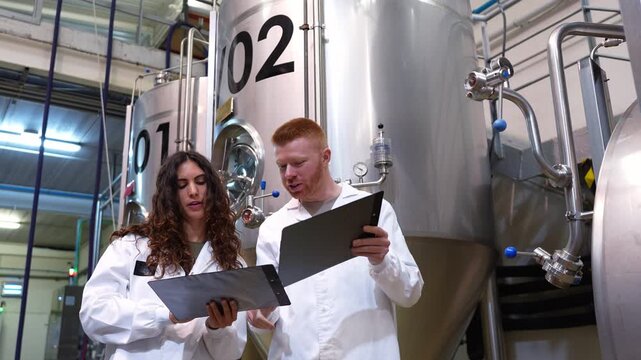 Two quality control technicians, a man and a woman, discussing production data on clipboards inside a modern brewery with large steel vats