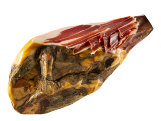 Sliced cured ham isolated with natural marbled texture, Traditional dry aged ham with fat and smoky flavor