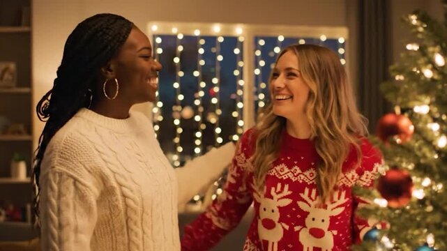 Holiday Friendship Goals Joyful Diverse Women Decorating a Christmas Tree Together
