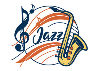 Fototapeta premium Stylish Jazz Music Vector with Saxophone and Treble Clef Design