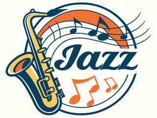 Jazz Music Logo with Saxophone and Musical Notes
