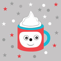 Happy red mug with whipped cream and stars  