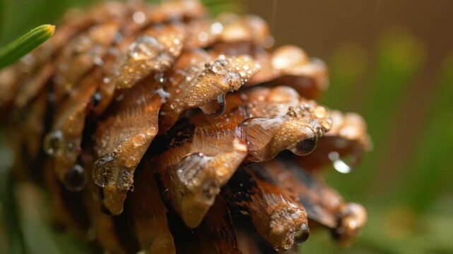 Macro close-up of a wet pinecone covered in glistening raindrops after a morning shower in a lush green forest