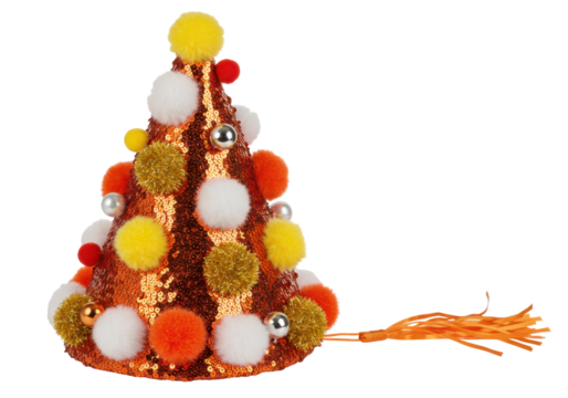 Isolated cone shaped party hat with colorful fuzzy pom poms and shiny gold sequins decoration