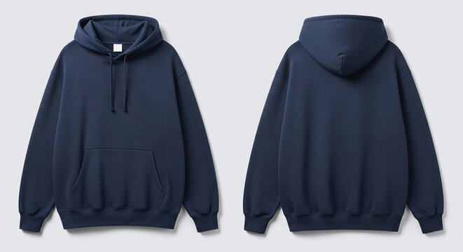 Front and back view of a navy blue hooded sweatshirt, isolated on white background